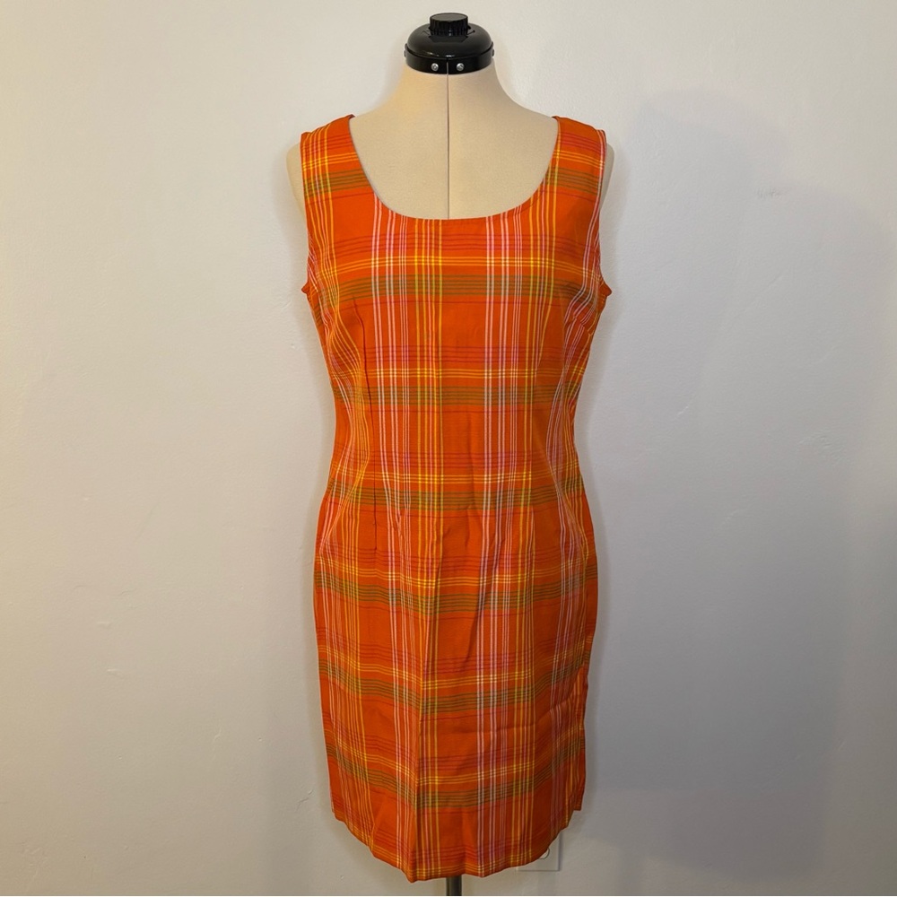 Sag Harbor Vintage Mini Shift Dress, Orange w/ Pink Yellow Green & White Plaid 8